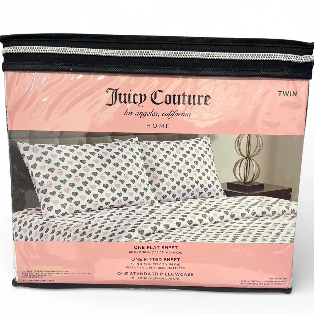 Juicy Couture 3-pc DP Twin Sheet Set White Pink Black Leopard Hearts NEW NIP